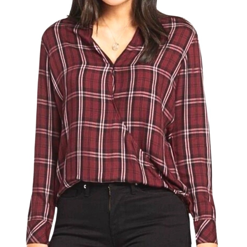 Cloth & Stone Burgundy Plaid Wrap Front Long Sleeve Button Up Shirt Women's S